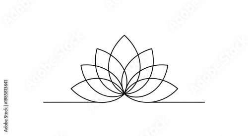 A minimalist line drawing of a lotus flower blooms serenely on water