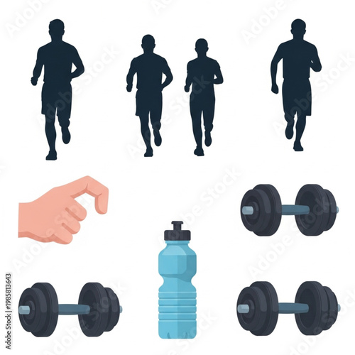 People are running and exercising with dumbbells and a water bottle