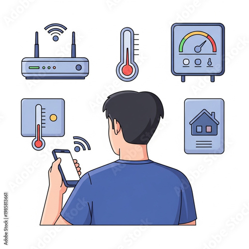 Man controls smart home devices with smartphone in hand.