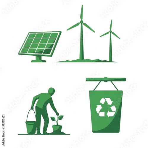 A person planting a green plant next to a recycling bin with solar panels and wind turbines in the background.