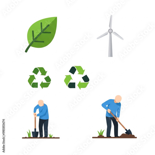 Elderly men plant green leafy plants with recycling symbols and wind turbine nearby outdoors