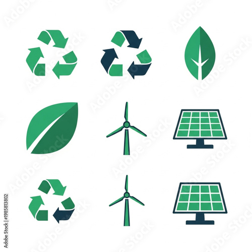 Eco friendly icons represent recycling, leaf, wind turbine, and solar panel for sustainable energy.