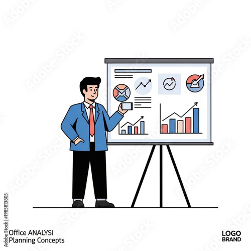 Businessman presenting data analysis on graphs and charts on a board