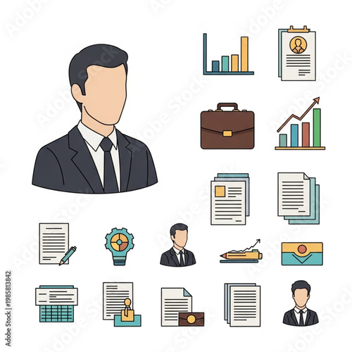 Businessman works on documents with graphs and charts nearby indoors