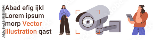 Security surveillance, privacy awareness, technology interaction, digital communication, personal data, modern connectivity. Surveillance camera and two people with smartphones. Security surveillance