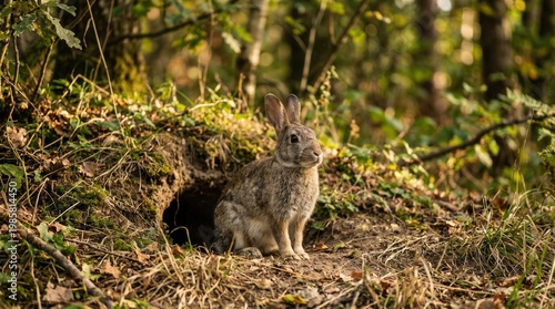 A charming rabbit peeks out from its burrow, surrounded by lush greenery and soft sunlight filtering through the trees, creating a tranquil woodland scene.