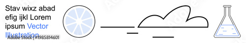 Science, creativity, data analysis, cloud storage, geometric design, experiment. Features a cloud, circular shape and flask. Science and creativity concept linking design and data storage