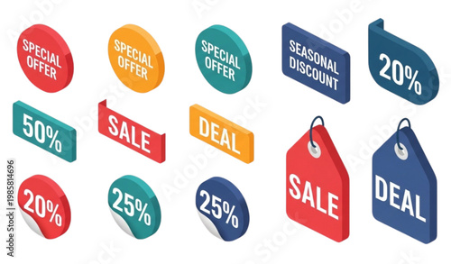 Discount and Sale Tags Set with Special Offers, Percentage Discounts, and Promotional Deal Labels for Marketing and E-commerce Design