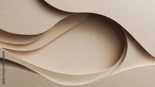 Layered paper curves form a smooth abstract landscape. Soft shadows enhance depth and volume. Neutral tones create a calm design background