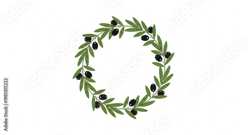 Olive branch wreath, green leaves, black olives, circular floral arrangement, botanical vector illustration