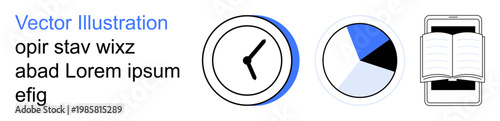 Time management, productivity tools, data analytics, digital reading, educational resources, multitasking aid. Features a clock, pie chart and open book on a mobile device. Time management