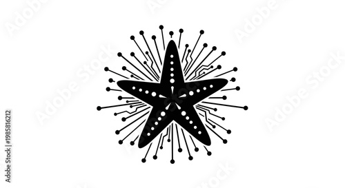 Black starburst design with white dots.