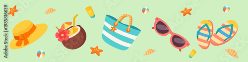 Flat vector summer beach accessories banner on mint green background with copy space