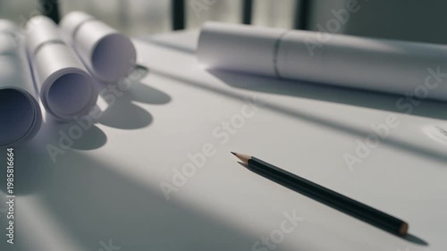 Professional Architect Workspace with Rolled Blueprints Modern Pencil and Clean White Desk