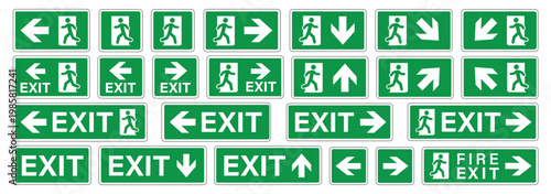 emergency exit sign icon set with running man  arrows  and exit text isolated on white background. Safety evacuation symbols ideal for buildings  public areas  signage systems  and instruction designs