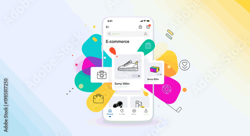 E-commerce mobile app with colorful marketing icons in modern minimalist style for online shopping