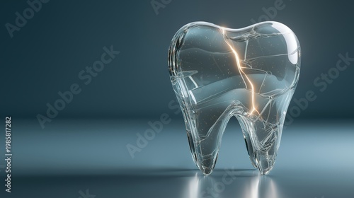 Transparent tooth model with illuminated fracture line representing dental damage. Healthcare concept focused on diagnosis, treatment and oral care
