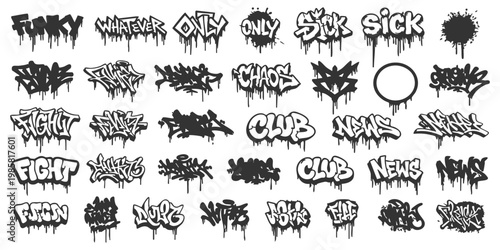 Hand drawn street art graffiti lettering tags with drip effects vector illustration
