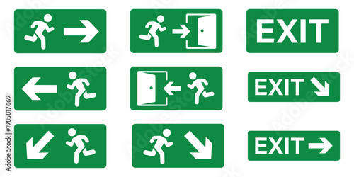Emergency Exit Icon set. Vector illustration of running man and exit door sign. Escape and evacuation symbol. Various exit sign isolated white background. Evacuation and relocation of people to safety