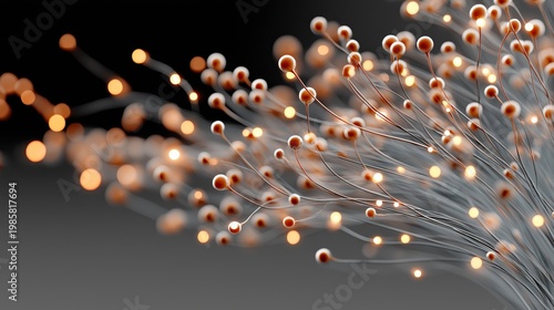 Glowing nodes connect in flowing lines. Warm lights create depth and motion. Abstract structure feels technological.
Macro view of fiber optic network with glowing particles and soft bokeh