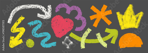 Abstract color paint and art brush crown with heart arrow stroke. Geometric drawn background and vector paintbrush bold with doodle curve kid. Hand abstract childish and marker art pattern.