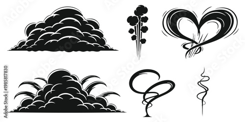 Set of bold black silhouette smoke clouds and vapor trails vector illustration