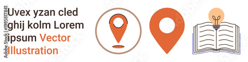 Education, innovation, navigation, literature, learning resources, knowledge sharing. Orange location pins, open book lightbulb in clean linear style. Innovation and education concept