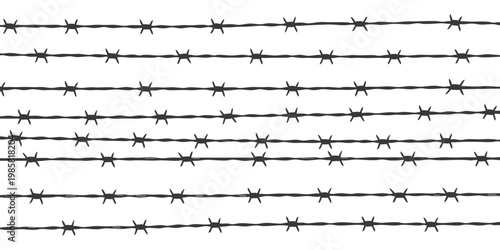 Horizontal lines of black silhouette barbed wire security fence vector illustration