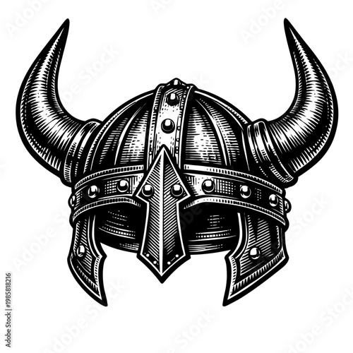 Black and white woodcut of a horned Viking helmet, with intricate metal textures, and a formidable ancient warrior aesthetic. Ideal for historical themes, game design, tattoo art, mascots, and emblems