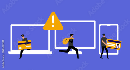 Online crime and robbery concept. Criminals thieves hackers in mask breaking computers and mobile phone finding passwords and committing crimes online in internet vector illustration