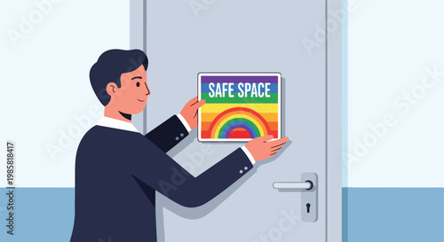 A man in a suit attaches a sign with a rainbow flag and text to a closed door