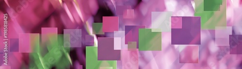 Abstract pattern of translucent floating squares in vibrant shades of pink and green
