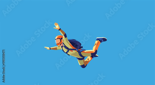 A skydiving person in a protective suit free-falling against a blue background