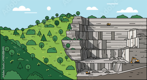 A split illustration showing a lush green forest alongside an open-pit quarry
