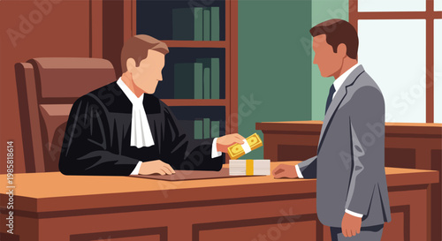 A judge in a robe passes a stack of cash to a man in a formal gray suit