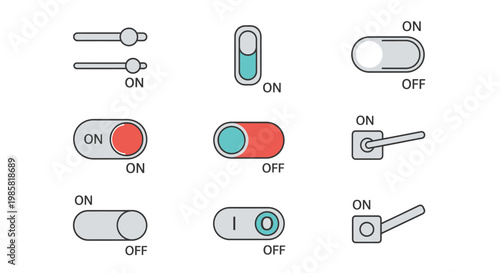 Set of digital toggle switch and slider icons for user interface design
