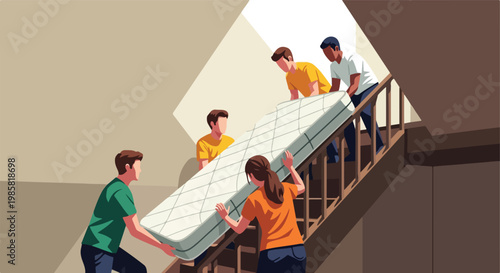 A diverse group of people working together to move a mattress up a staircase