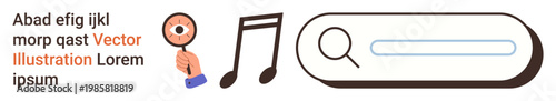 Search, discovery, online tools, music research, content analysis, data exploration. Magnifying glass, music note and text with search bar. Search and discovery demonstrated