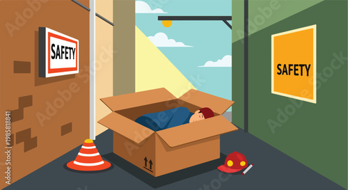 Homeless person sleeping inside a cardboard box in an urban industrial alleyway