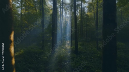 Cinematic FPV drone rising vertically from the forest floor up through tall trees into the canopy