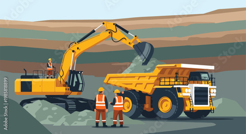 Yellow excavator loading a large dump truck with workers at an open pit mine