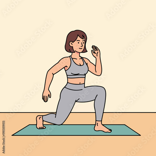 A woman wearing a gray sports outfit performing a lunge exercise on a yoga mat