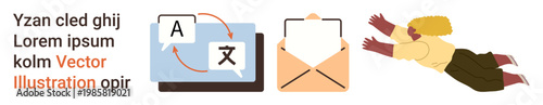 Language learning, translation services, global communication, email interaction, online messaging, and education. Display of translation screens, email and a flying woman. Language learning