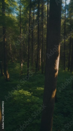 Cinematic FPV drone rising vertically from the forest floor up through tall trees into the canopy