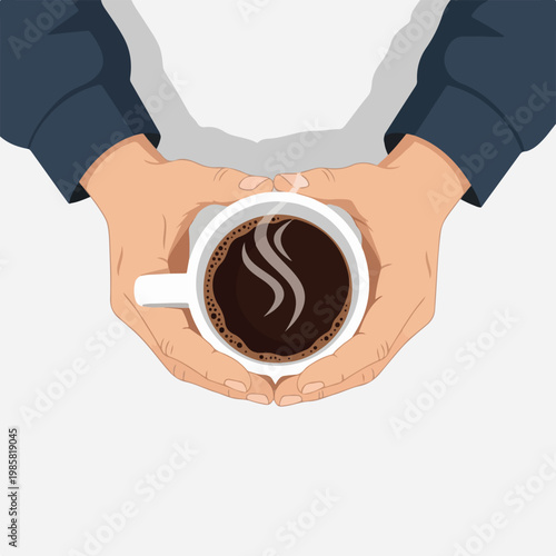 A pair of hands in blue sleeves holding a warm white mug of steaming black coffee