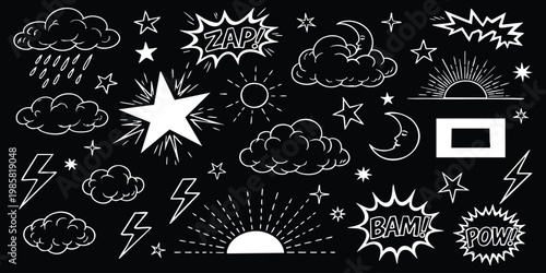 Set of comic speech bubbles and weather elements doodles vector illustration