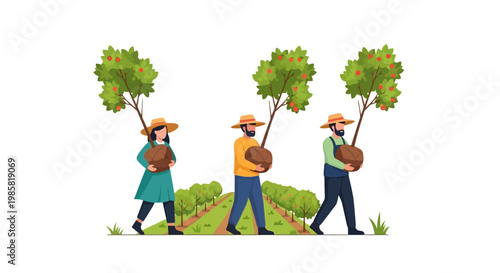 Farmer Collecting Crops in Orchard with Green Trees and Blue Sky