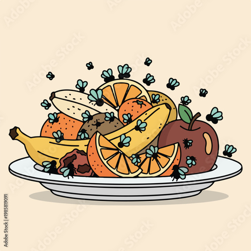 A plate of assorted rotting fruits swarming with numerous small black houseflies