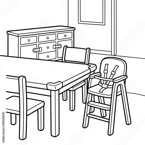Outline of a dining room with a high chair and wooden table  coloring page