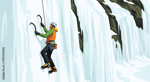 A climber in gear scales a steep, frozen waterfall using axes and crampons